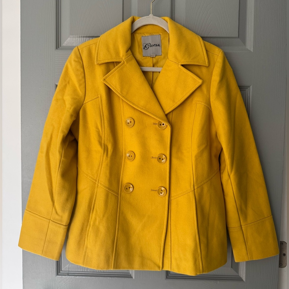 GUESS Yellow Double Breasted Blazer Style Peacoat